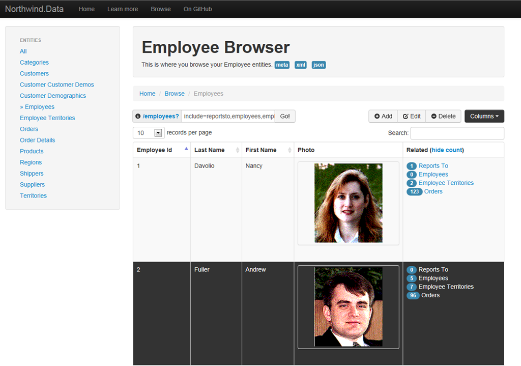 Sample entity browser